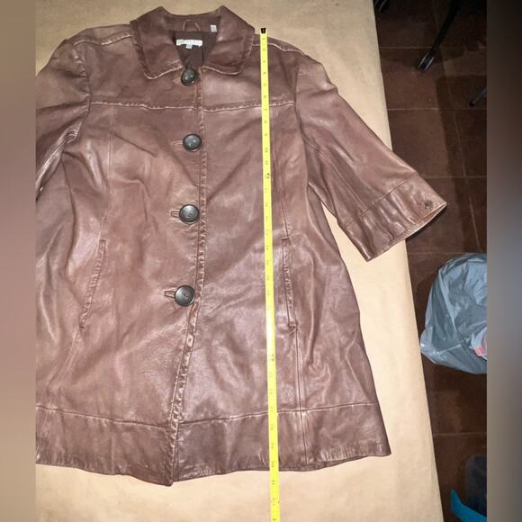 Vince brown leather peacoat 3/4 sleeves size large coat jacket - Picture 7 of 10